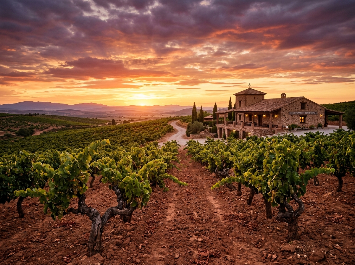 Viñedos centenarios en La Mancha, cerca de Valdepeñas al atardecer